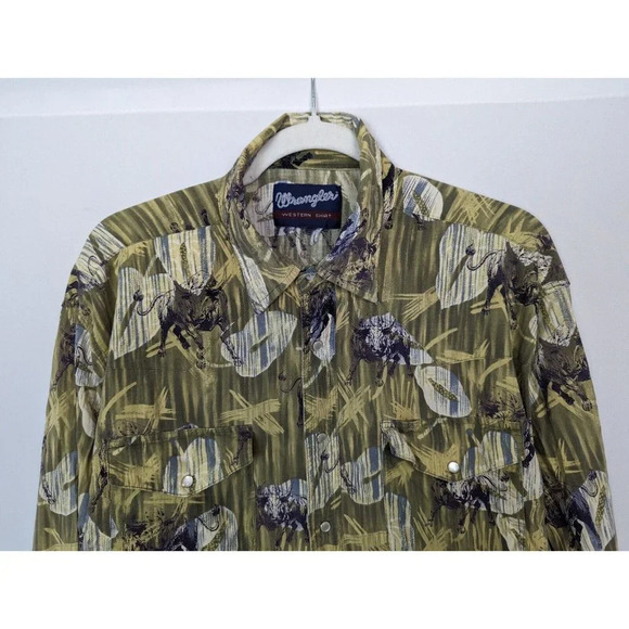 Wrangler Men's L Western Shirt Top Pearl Snap Bull Longhorn Green Rodeo Cowboy - Picture 3 of 8